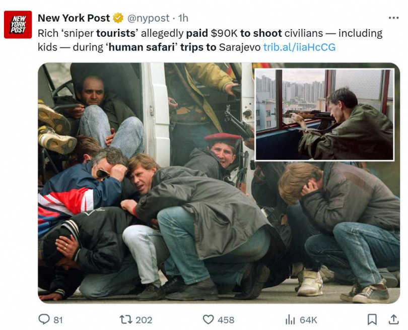 義媒揭密「狙擊旅遊」血腥交易。(圖/翻攝自X,@nypost)