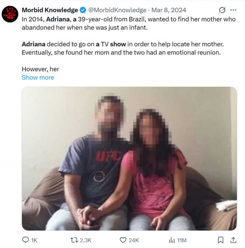 阿德里亞娜（Adriana）與里安卓（Leandro）相識近20年，育有一女，直到參加尋親節目才驚覺竟為同母所生的親兄妹。（圖／翻攝自X，@MorbidKnowledge）