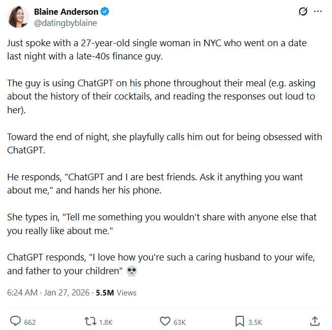 「第一次約會請別帶ChatGPT」登上社群爆文,掀起交友誠信大哉問。(圖/翻攝自X,@datingbyblaine)