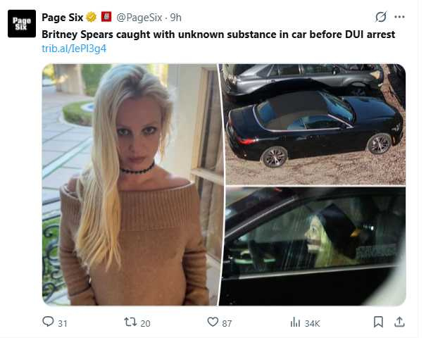 外媒指出，警方在布蘭妮駕駛的BMW車內發現不明物質。（圖／翻攝自X，@PageSix）