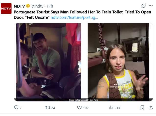 葡萄牙旅遊部落客在社群平台分享影片，描述她在印度搭乘火車時遇到的不安經歷。（圖／翻攝自X，@ndtv）