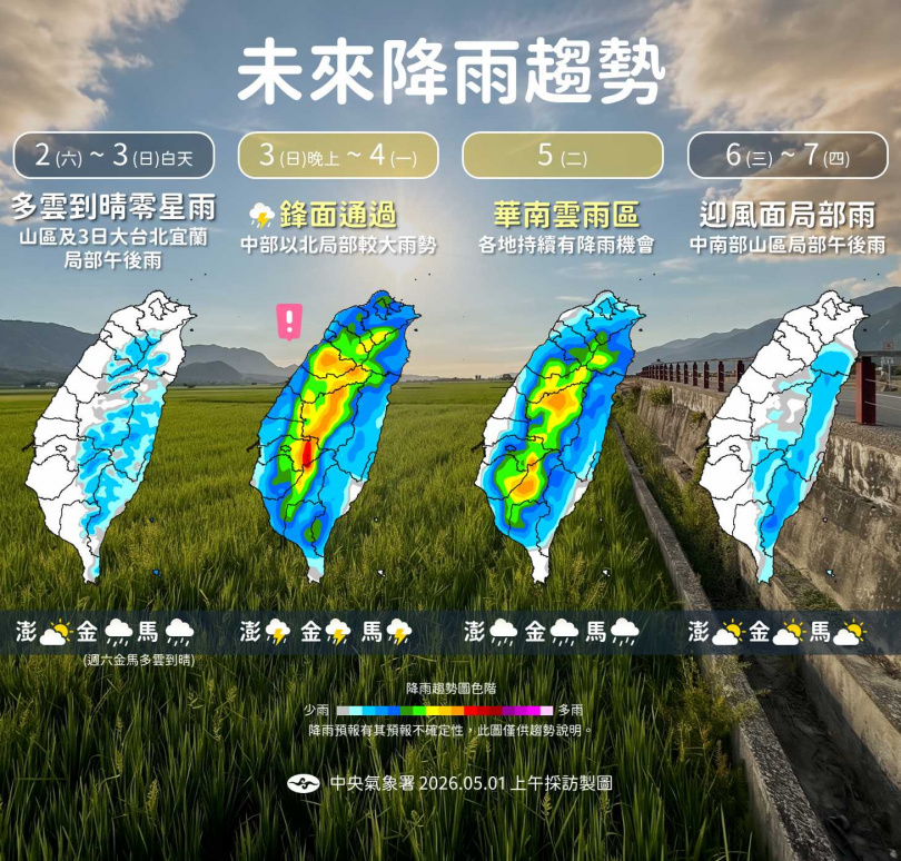 下周二華南雲雨區東移，全台轉為有雨天氣型態。（圖／氣象署提供）