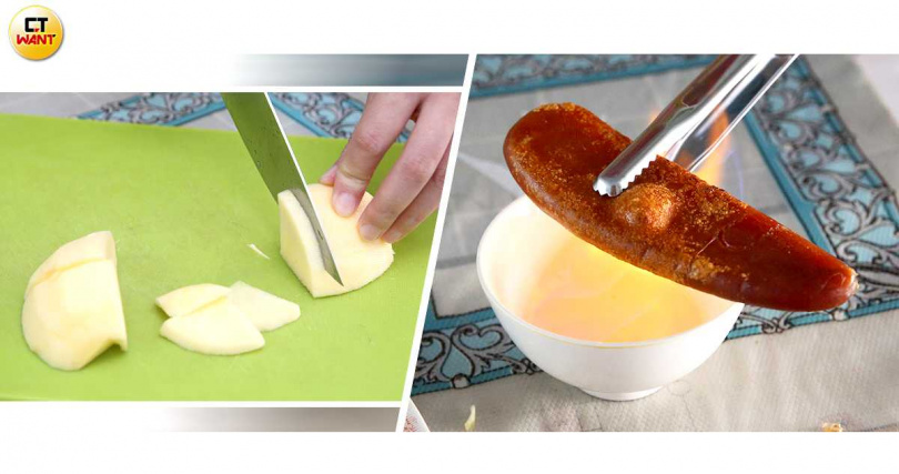 林延鳳點燃碗裡的高粱酒，把烏魚子放在火上烤，再配上切成片的蘋果。（合成圖／趙世勳攝）