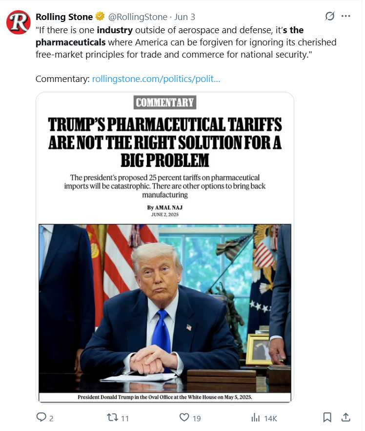 美國藥典協會指出,若美國政府對藥品徵收25%關稅,將導致進口成本暴增508億美元,藥價平均上漲近13%,病患承擔壓力恐難以負荷。(圖/翻攝自X)