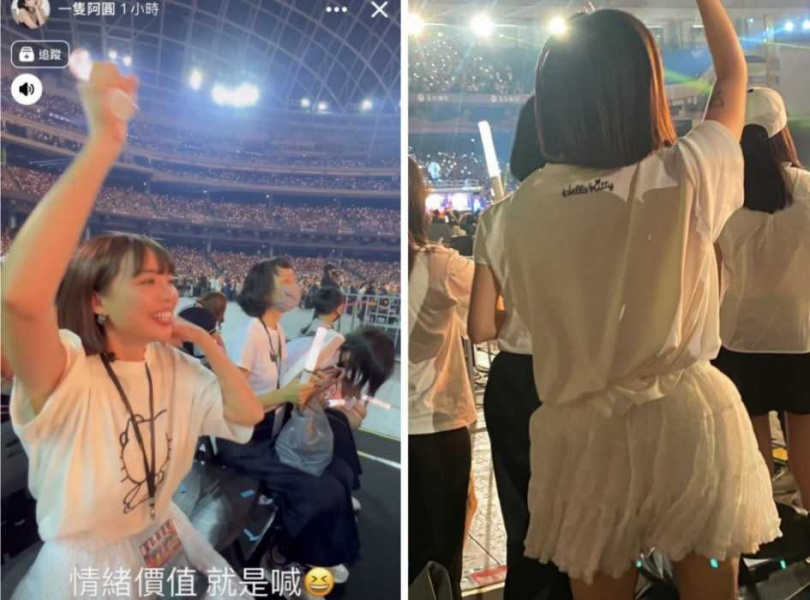 阿圓現身五月天演唱會,還PO限動表示「情緒價值就是喊」。(圖/讀者提供/翻攝自阿圓IG)