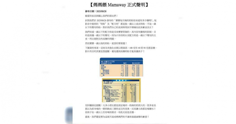 媽媽餵今天晚間發出最新聲明。(圖/翻攝自臉書/Mamaway)