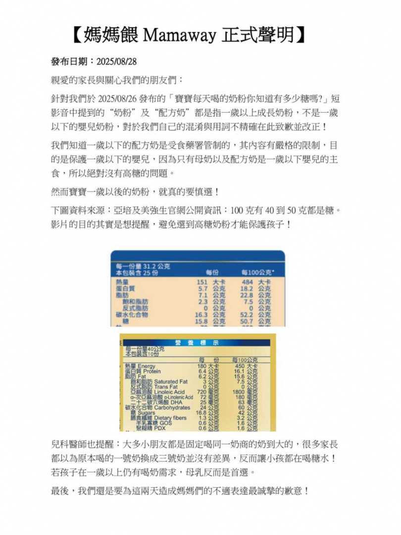 媽媽餵聲明文扯兩大品牌。(圖/翻攝臉書/媽媽餵)