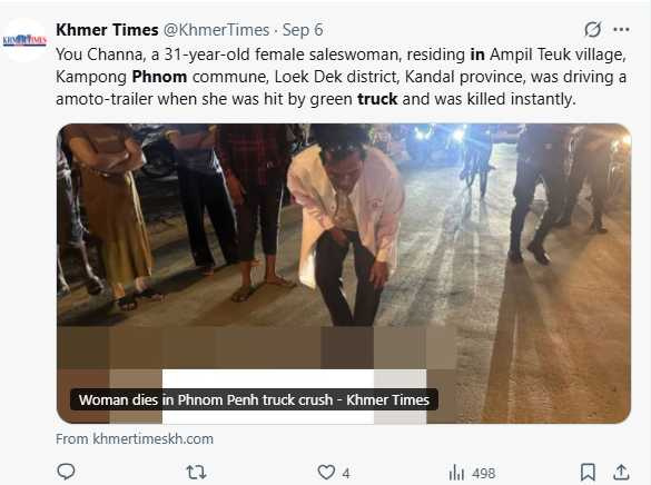 金邊交通事故頻繁，摩托車與大型車輛碰撞案例屢見不鮮。（圖／翻攝自X，@KhmerTimes  ）