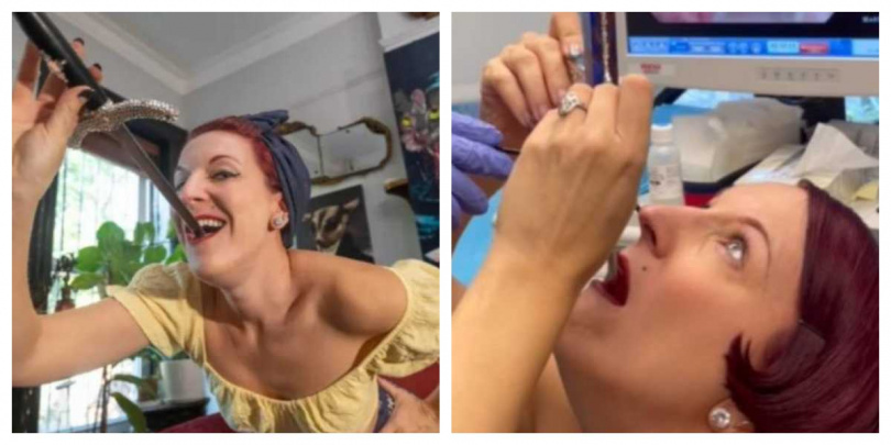 影片中,劍刃平穩通過聲門滑入體內,敏絲基面不改色,被讚為冷靜到不可思議。(圖/翻攝自 IG @ginminsky)