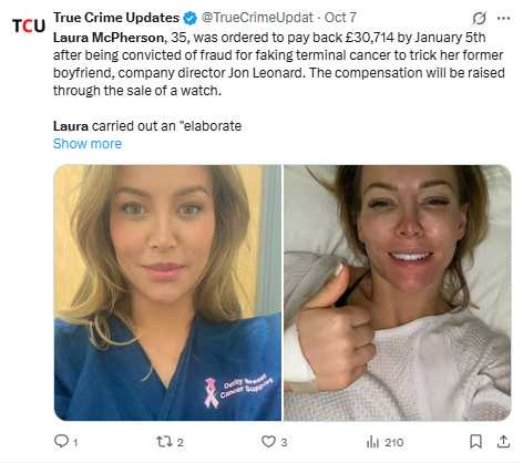 受害男子強納森長年投入癌症慈善募資，卻遭女友設局詐騙近3萬英鎊，歷經8年才終結。（圖／翻攝自X，@TrueCrimeUpdat）