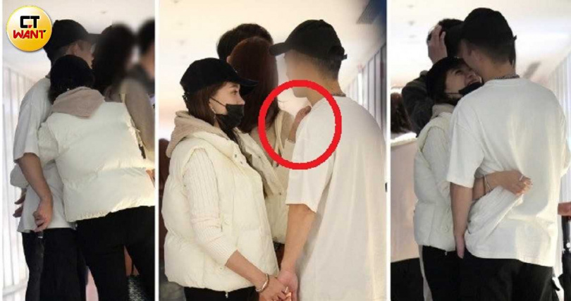 小優與男子去景觀餐廳等候帶位時，小優時而擁抱男子甜笑、時而牽著對方的手，另一隻手還撫摸男方的胸膛，在對方的胸肌上下滑動。（圖／本刊攝影組）