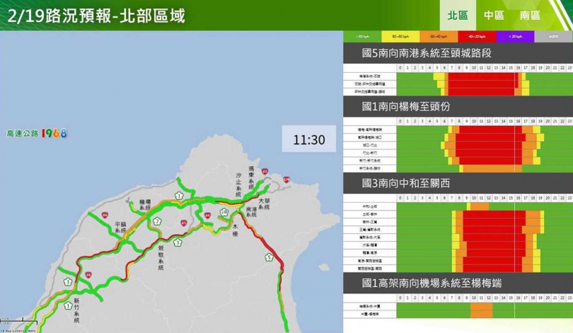 春節連假初三北部路段南向路況預報圖。（圖／高公局）