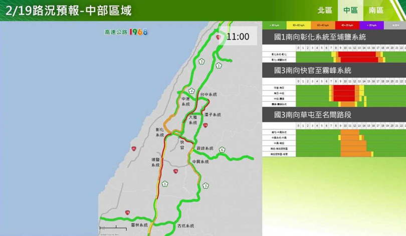 春節連假初三中部路段南向路況預報圖。（圖／高公局）