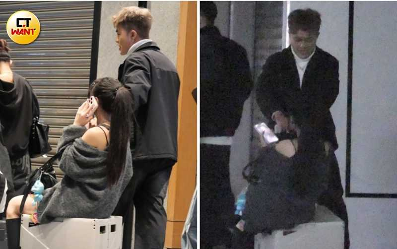 俐蓁坐行李箱上被男團員傳恩拉著走,一行人前往KTV路途有說有笑。(圖/本刊攝影組)