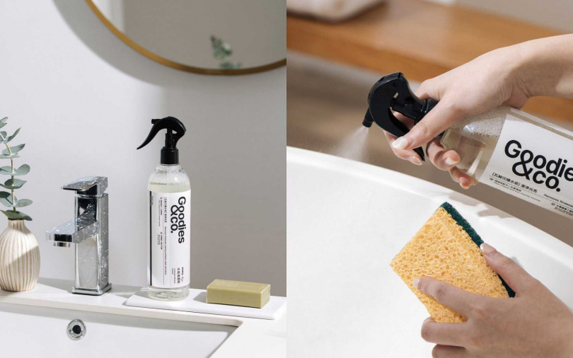 專為頑固水垢設計的Goodies&co. every_day水垢清潔劑,以來自台灣小農的咖啡渣天然材料製成,結合了高效去味與清潔功能,可針對水龍頭、不鏽鋼和瓷磚表面噴灑後靜置,再用抹布或海綿輕輕一擦,水漬不見了、浴室瞬間煥然一新。(圖/品牌提供)