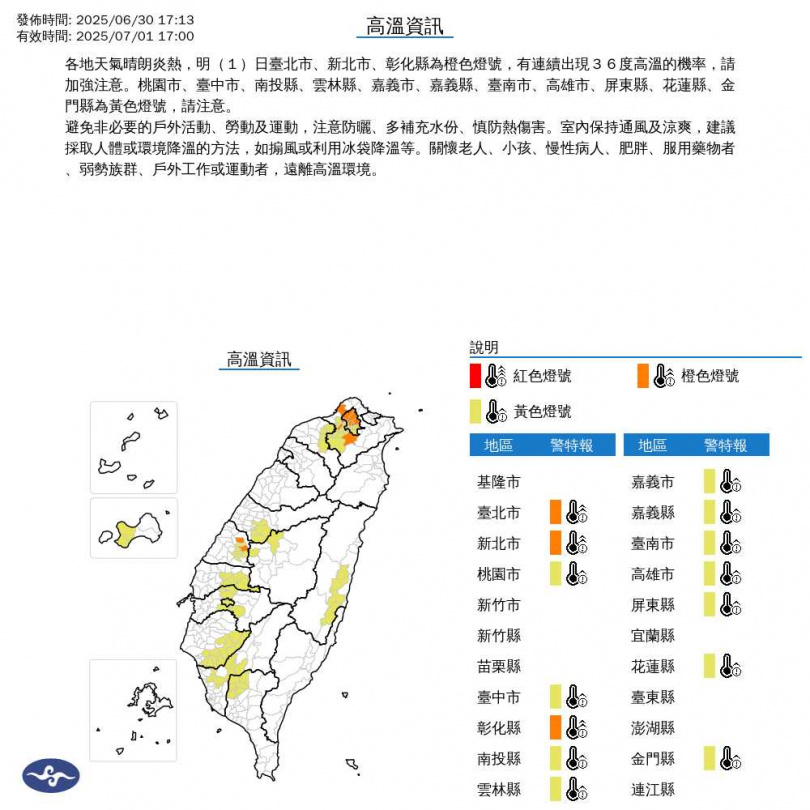 氣象署針對14縣市發布高溫資訊，明天將有36度高溫機率。（圖／翻攝自氣象署）