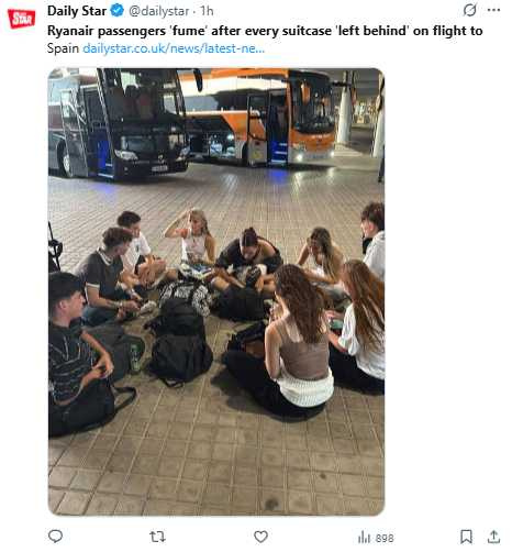 受影響乘客抱怨，Ryanair未及時提供資訊，假期行程被迫打亂。（圖／翻攝自X）