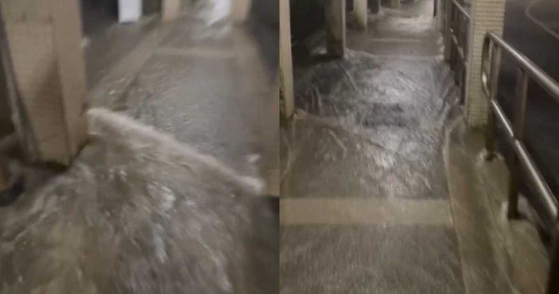 台北市文山區政治大學也因雨勢過大成為「政大漂漂河」。（圖／翻攝自Threads「matthewdu.1115」）