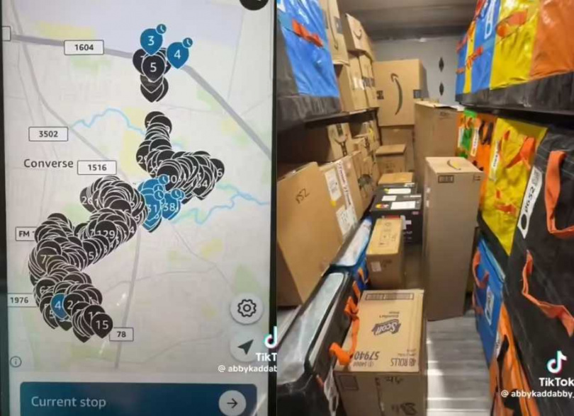 Amazon配送司機單日需配送524件包裹、300個停靠點，工作量引發關注。（圖／翻攝自Tik Tok，abbykaddabby_）