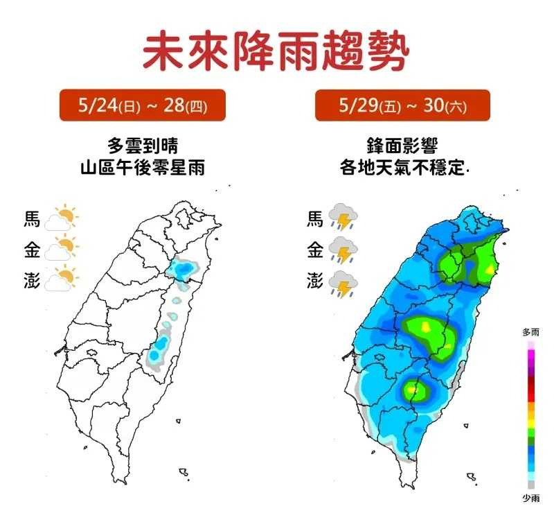 周末前後鋒面南下,全台午後雷雨機率將提升。(圖/中央氣象署)