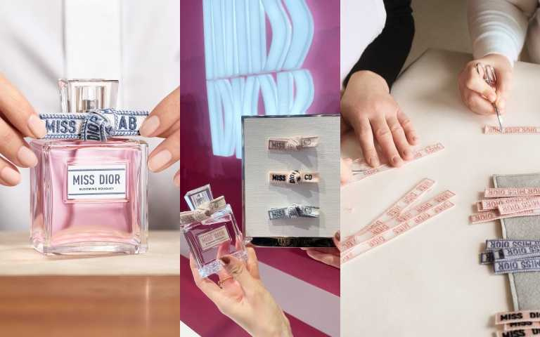 快閃店獨家獻上《花漾迪奧淡香水–高訂刺繡版》緞帶訂製服務，有三款單耳蝴蝶供你挑選，中間的MISS DIOR也可以選擇，下訂您獨一無二的香氛之作，還能繡上你的縮寫兩個英文字唷！（圖／品牌提供、黃筱婷攝）