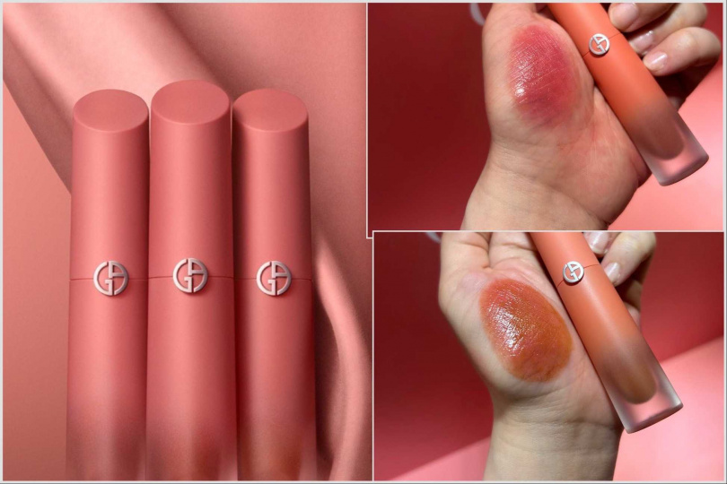 Giorgio Armani《奢華絲緞訂製水唇釉 威尼斯日出限定版》#20朝霞暖棕，#19黎明粉棕，#18日出微曦，4ml / 1,600元（圖/品牌提供）