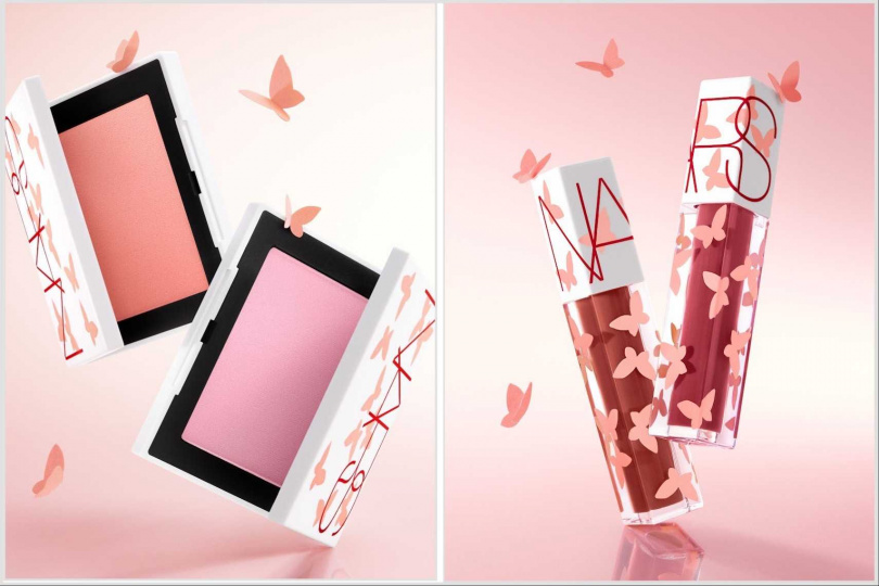 NARS 炫色腮紅 流光蝶羽版 4.8g / 1,400元 主打色 #926 FINAL CUT 蜜桃珊瑚色 與 #905 SEX FANTASY 粉紫調，NARS激情過後嫩唇油 流光蝶羽版 #507,#500 5.7ml / 1,000元（圖/品牌提供）