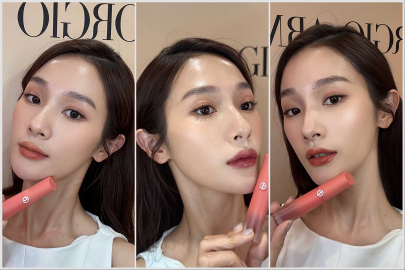 Giorgio Armani《奢華絲緞訂製水唇釉 威尼斯日出限定版》#20朝霞暖棕，#19黎明粉棕，#18日出微曦，4ml / 1,600元（圖/品牌提供）