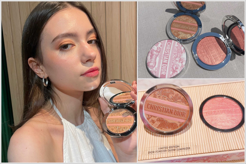 《迪奧超完美持久亮采餅 粉紅約依 #004》6g / 2,400元、《迪奧超完美持久修容餅 粉紅約依 #032》8g / 2,400元，從外殼到粉體皆壓上精緻圖騰，如陽光灑落肌膚，閃耀迷人光澤。（圖/黃筱婷攝）