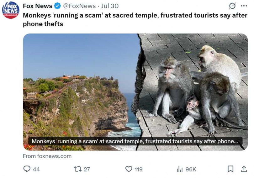 烏魯瓦圖廟位於印尼峇里島南端懸崖之上，俯瞰印度洋，是當地重要的印度教聖地。（圖／翻攝自X）