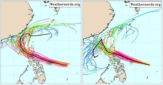 吳德榮說,最新歐洲系集模式模擬與顯示,鳳凰的系集平均路徑(粗黑線)經呂宋島,在台灣西南方海面北轉,進入台灣海峽,侵襲台灣;各別模擬路徑(細線)則顯示,鳳凰北轉、各別模擬路徑更加分散(左圖);最新美國系集模式模擬顯示,其各別模擬路徑(細線)比歐洲模式也更混亂,使得系集平均路徑(粗黑線)甚至轉往西南遠離(右圖)。(圖/翻攝自氣象應用推廣基金會)