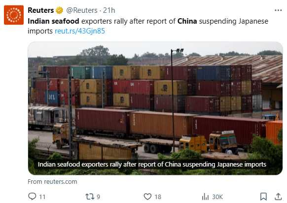 大陸網友得知印度海鮮可能取代日貨後炸鍋，紛紛留言表達拒吃心聲。（圖／翻攝自X，Reuters）