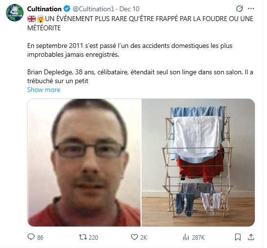 男子在室內使用常見晾衣架時不慎跌倒,意外被壓制導致窒息。(圖/翻攝自X,@Cultination1)