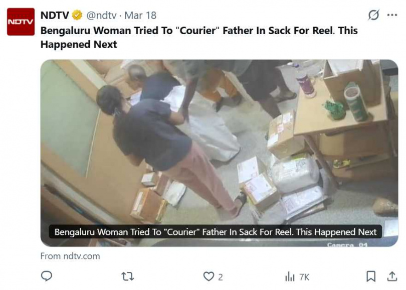 班加羅爾發生離譜事件，家屬將父親裝袋帶至快遞據點。（圖／翻攝自，@ndtv）