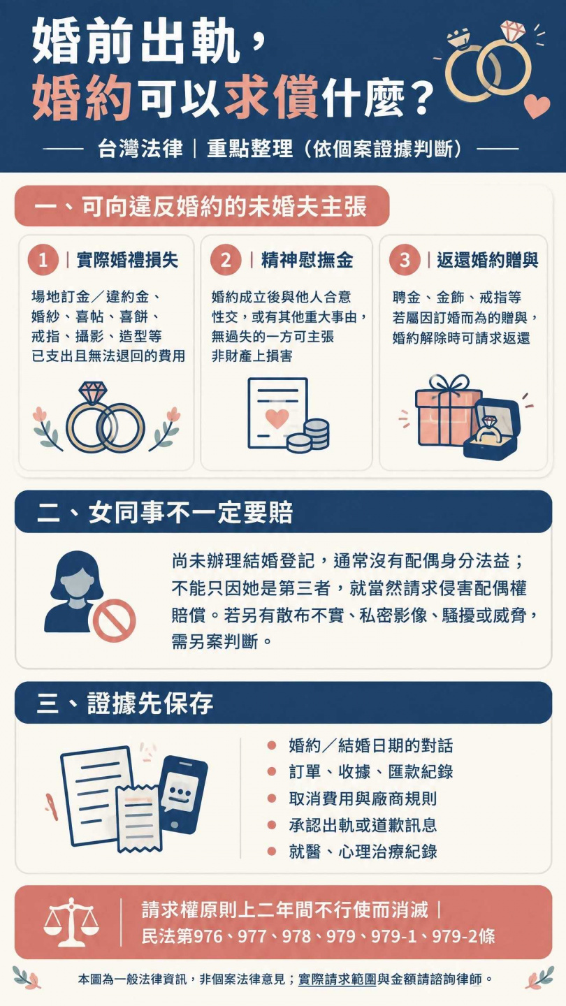 律師提醒,只要雙方婚約已合法成立,即使尚未完成結婚登記,無過失方仍可能向違反婚約的一方請求損害賠償。(圖/翻攝自Threads/jienuo_zeng)