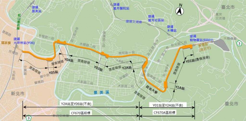 雙北環狀線南環段CF670區段標沿線共設4座地下車站，包括文山區行政中心旁（Y2A）、木柵路二段與興隆路口間（Y3）、國家考場旁（Y4）及新店區遠東工業區旁（Y5）。（圖／台北捷運局提供）