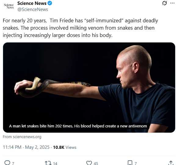 男子成為科學家研發「萬用抗蛇毒血清」的關鍵。（圖／翻攝自X）