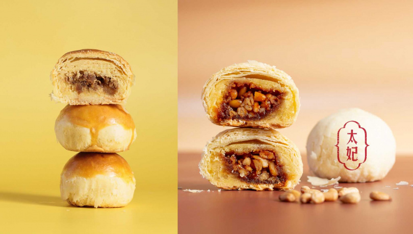 欣葉董事長李秀英家傳風味的「干貝菜脯綠豆椪」（左）、名廚簡天才研發的「太妃松子綠豆椪」。（圖／LA ONE提供）