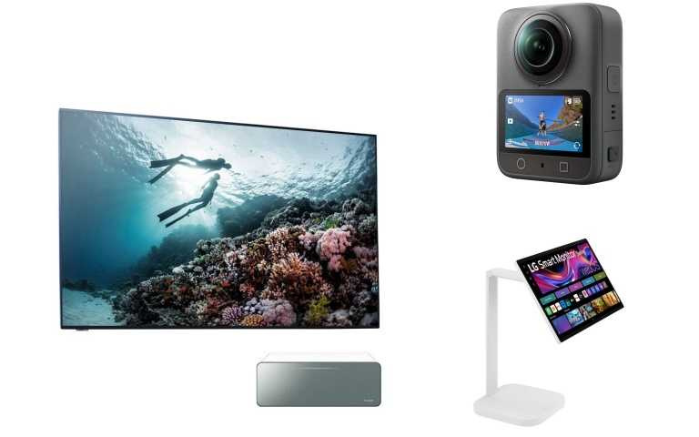 集雅社 SAMSUNG 77型OLED AI S95D 智慧顯示器 特價99,900元 原價139,900元(71折);法雅客 DJI OSMO 360 暢拍套裝 推薦價17,800元;集雅社 LG Smart Monitor Swing 斜槓機32U889SA 特價26,900元 原價29,900 元(9折,新品上市)(圖/業者提供、黃筱婷攝)