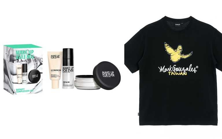超值!(左)MAKE UP FOR EVER銀星派對光圈防曬定妝組 特價1,900元 價值2,950元(64折,首賣)。(右)Mark Gonzales PEPSI聯名限定T恤 特價1,596 元 原價2,280元(7折)(圖/業者提供、黃筱婷攝)