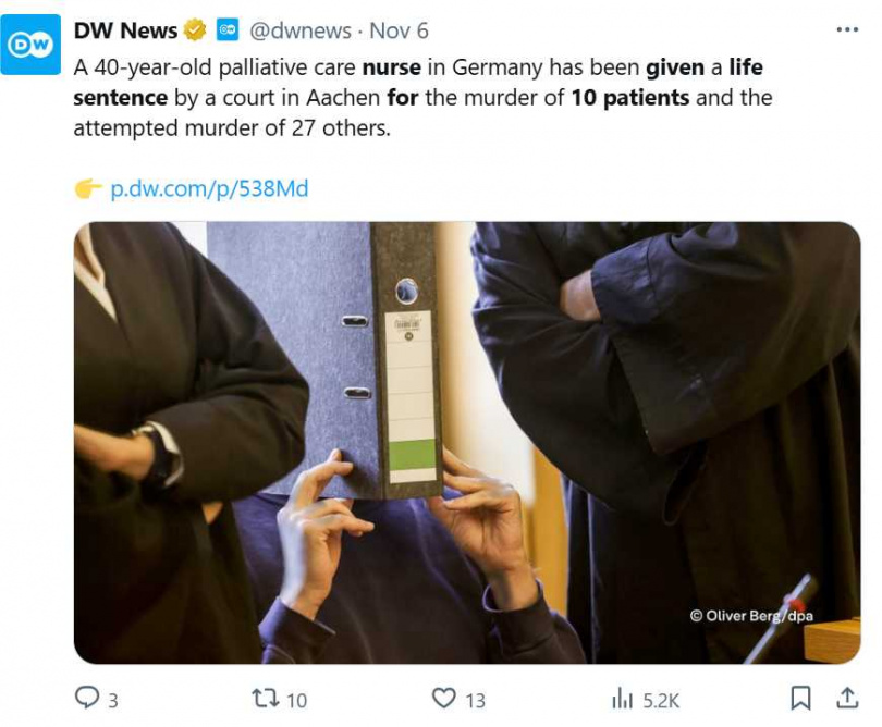 亞琛法院認定被告對10名病患致命注射，另企圖殺害27人，罪責重大。（圖／翻攝自X，@dwnews）