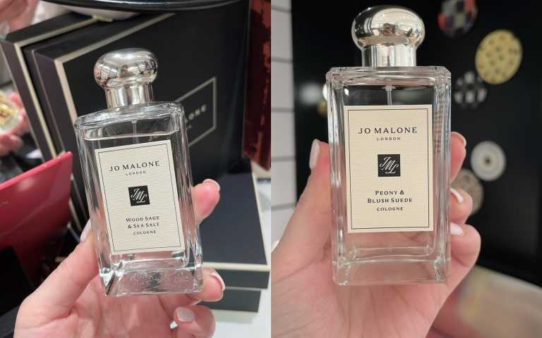 Jo Malone London鼠尾草與海鹽香水（100ml / 5,800元），Jo Malone London牡丹與胭紅麂絨香水100ml/5,800元（圖／黃筱婷攝）