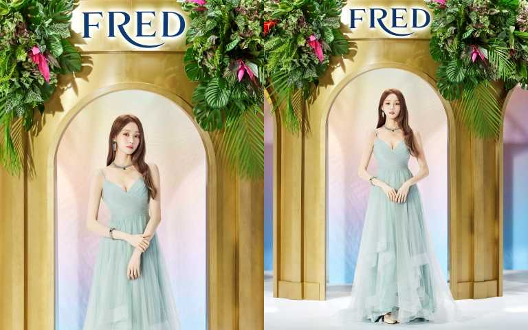 李聖經出席頂級珠寶品牌FRED首爾發布會，身著高雅的藍色紗裙禮服，同時佩帶Monsieur FRED 《Ideal Light》高級珠寶Bright Vitality系列的短項鍊、耳環、手鍊，讓膚色看起來更白皙耀眼。（圖／品牌提供）