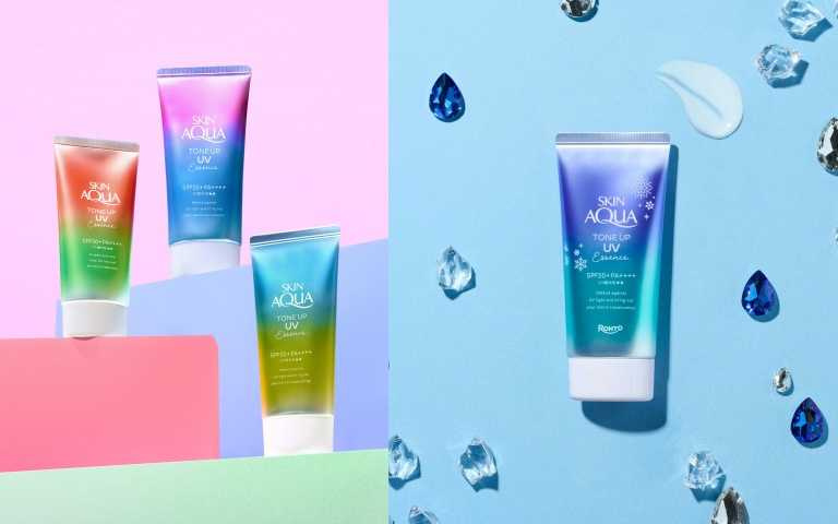 左：曼秀雷敦水潤肌柔光透亮飾底防曬凝露#薰衣草紫、#玫瑰粉、#薄荷綠三款絕美色選， 80g ／369元。 右為夢幻新品「曼秀雷敦水潤肌柔光透亮飾底防曬凝露#冰晶藍80g ／369元。 （圖／品牌提供）