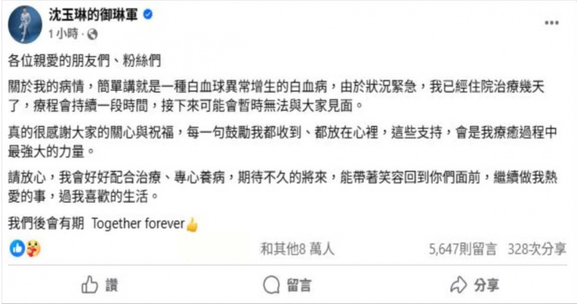 沈玉琳表示,他期待不久的將來,能帶著笑容回到大家面前。(圖/翻攝自臉書/沈玉琳的御琳軍)
