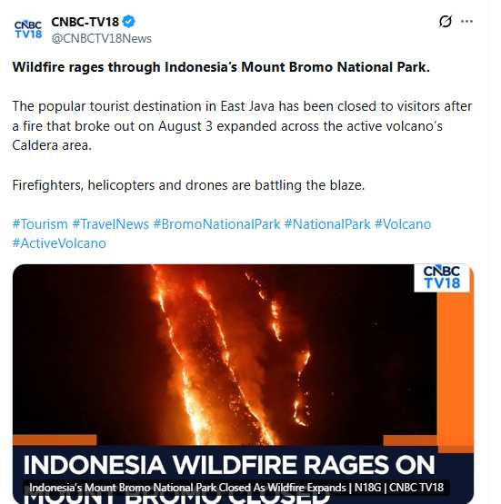 布羅莫火山是印尼東爪哇熱門觀光勝地，受到野火威脅，目前國家公園全面禁止遊客進入。（圖／翻攝自X，@CNBCTV18News）