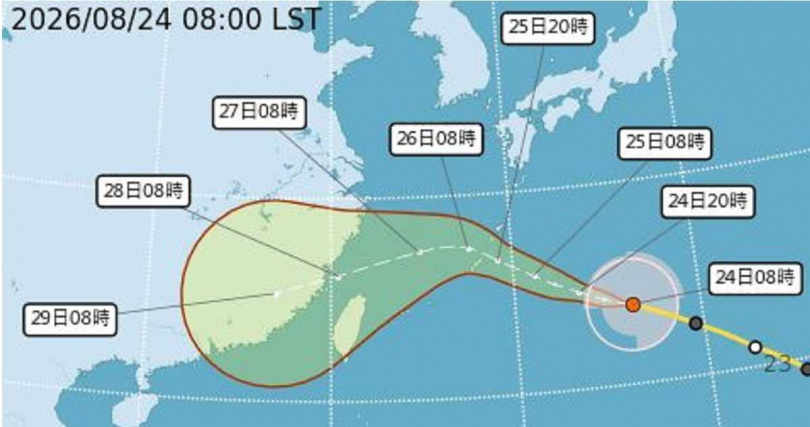 中颱沙德爾持續逼近台灣,預估週四午後至週五白天影響最為明顯。(圖/中央氣象署)