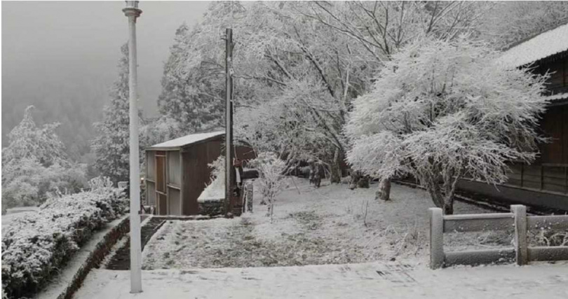 宜蘭縣太平山國家森林遊樂區9日清晨最低溫降到攝氏零下2度，一度下起冰霰，加上昨日的殘雪，出現白雪皚皚美景。（林業及自然保育署宜蘭分署提供／吳佩蓉宜蘭傳真）