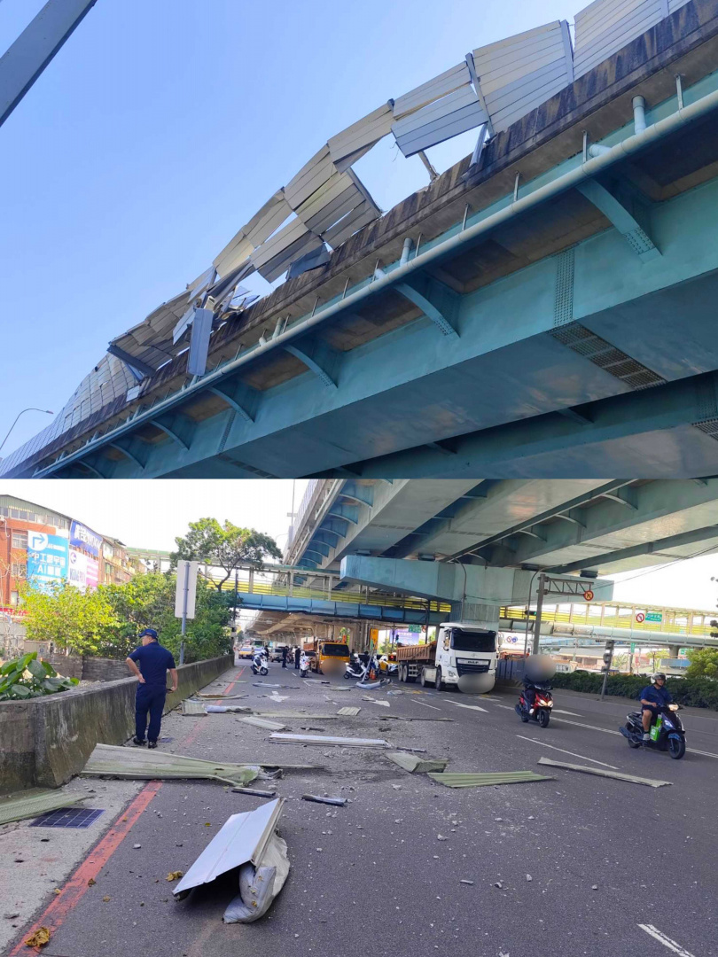 隔音牆及燈桿被撞爛,大片殘骸掉落中環路,所幸無人員傷亡。(圖/翻攝畫面)