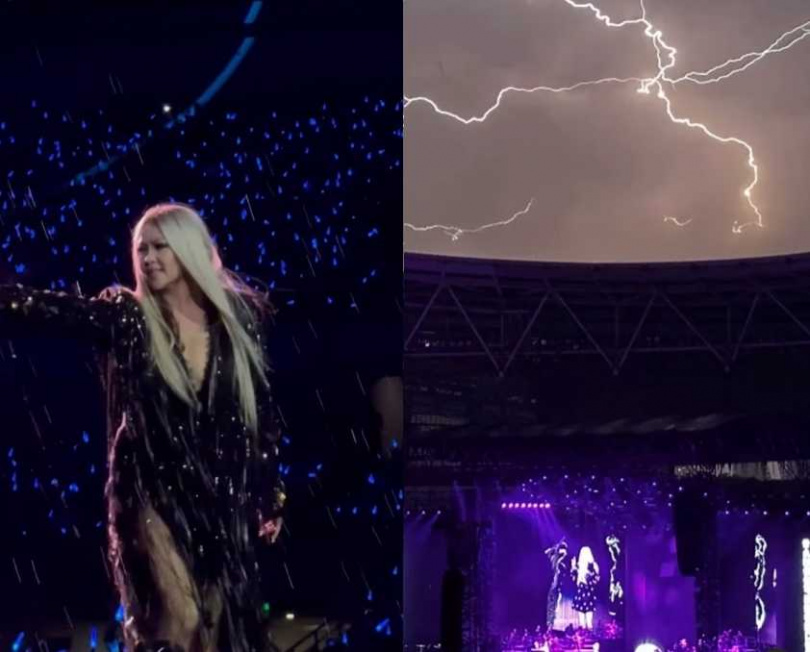 張惠妹的男友Sam把她在雨中開唱又有閃電加持的畫面PO上社群，讚嘆女友美到閃電都來聽歌。（圖／翻攝自Instagram／sam_modx5）